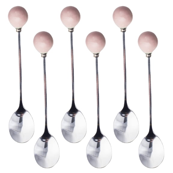 KEINXS 6pcs Ceramic Handle Mini Stainless Steel Spoon Flatware Tableware for Cake Coffee Dessert (Pink Spoon)