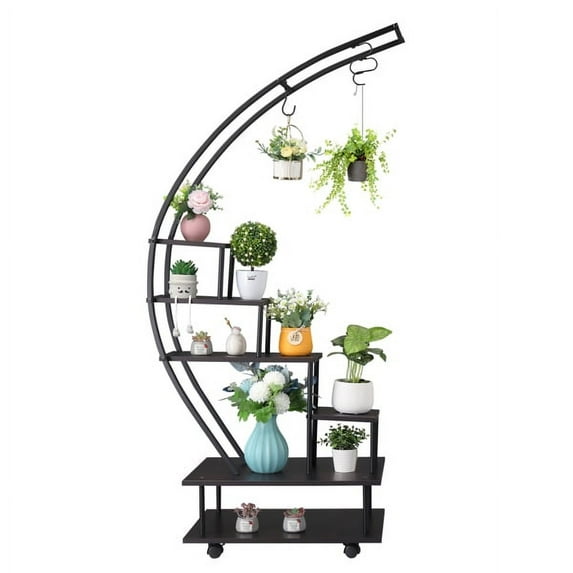 KEINXS Artisasset 6 Tiers Semicircular Iron Wood With Wheels Iron Planter Black