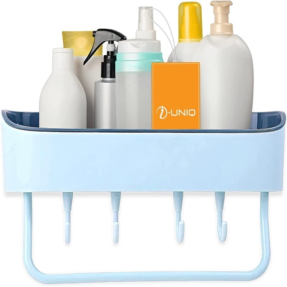 KEINXS Bathroom Toiletries Rack with 4 Hooks and Hanger, Plastic Shower Rack for Kitchen, Bathroom, Drill-Free Removable, Bath Shower Caddy, Shelf Basket for Sponge Shampoo Soap Lotion (27x10.5x6.5cm)