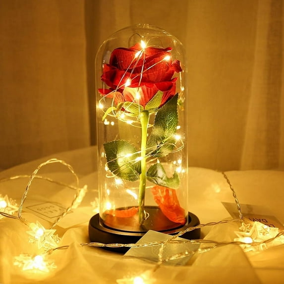 KEINXS Beauty and The Beast Rose Enchanted Red Silk Rose with Fallen Petals in Glass Dome LED Flower Night Motion Lamp Valentine‘s Rose Light Wedding Day Gift
