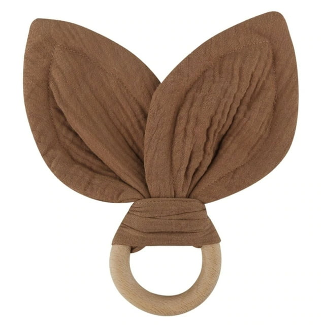 KEINXS Free Natural Beech Wood Baby Teether Cotton Rabbit Ears Newborn Teething Ring Rodent Gum Pain