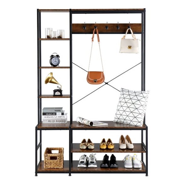 KEINXS Iron frame density board open wardrobe 120*40*183cm coat rack rack retro brown panel black frame