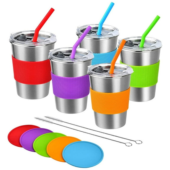 KEINXS Kids Cups with Straw and Lid, Spill Proof 5-Pack 12oz Stainless Steel Tumblers with Coasters, Unbreakable Water Cups, BPA Free Metal Cup for Toddlers Kids Adults Indoor Outdoor