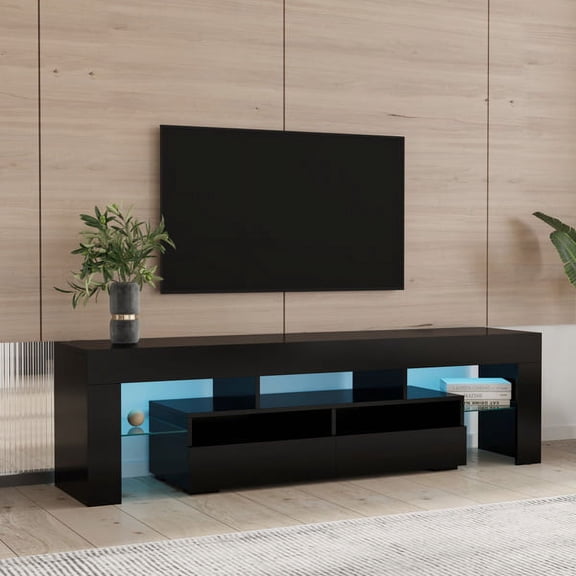 KEINXS Living Room Furniture TV Cabinet with 2 Drawers and 2 Open Shelves 20 Colors RGB LED Lights with Remote Control Black