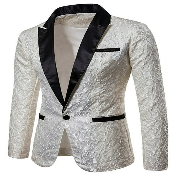 KEINXS Male Gold Jacquard Bronzing Floral Blazer Suit Men Single Button Jacket Wedding Party Stage Costume White L