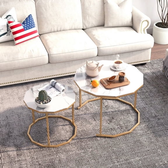 KEINXS Marble Coffee Table End Table 12-gon, 25.6" white cultured marble top and black metal legs can be used in living room, outdoor, anti-tip. (White+Gold, 25.6"W x 25.6"D x 18.4"H)