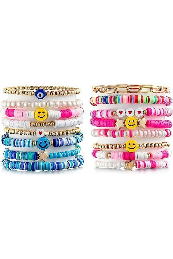 Preppy Heishi Bracelets Set Colorful Smile Heart Star Evil Eye Beaded Polymer Clay Pearl Stackable Charm Summer Beach Bohemian Layering Bracelets Jewelry for Women Girls Teens