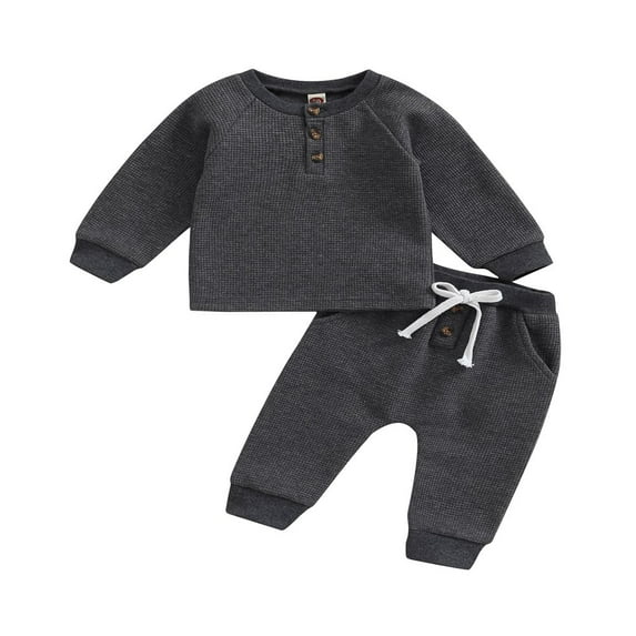 KEINXS Toddler Thicken Waffle Clothes Set Boy Girls Buttons Tops with Drawstring Elastic Waist Long Pants Army Green 18-24 Months
