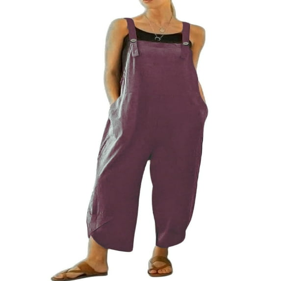 KEINXS Women Baggy Tulip Hem Loose Jumpsuits Overalls Square Neck Sleeveless Bib Pants with Pockets Plus Size