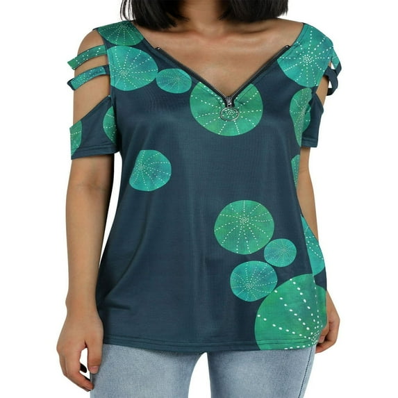 KEINXS Women Floral T-Shirts Short Sleeve V Neck Cold Shoulder Tunic Tops Zipper Blouses