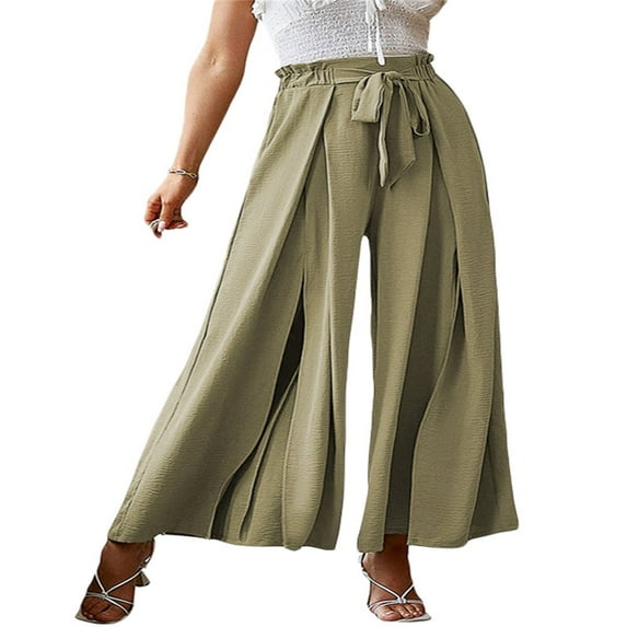 KEINXS Women Loose Pants Belted Long Trousers Summer Ladies Leisure Solid Color High Waist Ruched Beach Wide Leg Pants