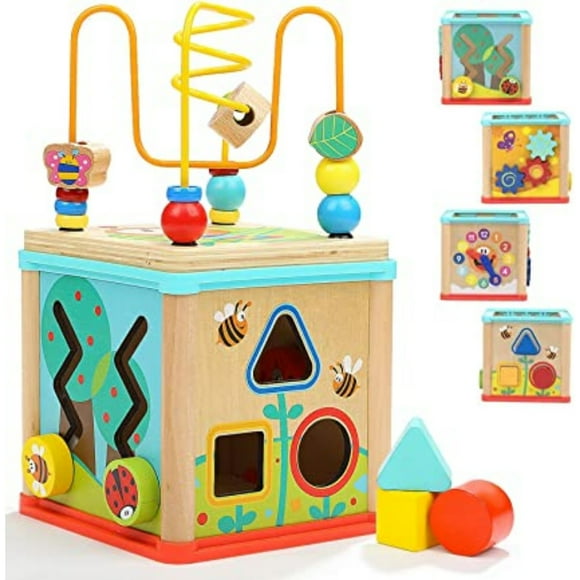 KEINXS Wooden Activity Cube 5-in-1 Wooden Activity Table for Kids and Babies Age 1, 2 year olds Educational Centre with Bead Maze and Sorting Fun and Entertaining Toy for Boys Girls