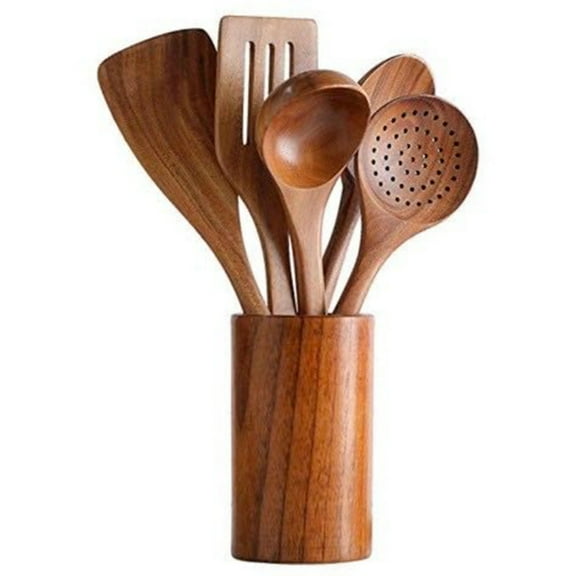 KEINXS Wooden Spoons For Cooking 6 Piece Organic Bamboo Utensil Set With Holder Wood Kitchen Utensils Spatula Spoon For High Heat Stirring In Nonstick Pots & Pans Quality (Dark Brown)