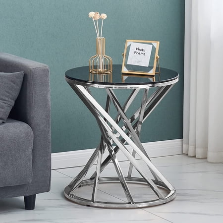 KEIVVAKN Indoor Modern Stainless Steel Round End Table, Silver