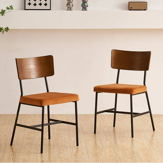 KEIVVAKN Industrials Dining Chairs Walnut Wooden Curved Backrest Side Chairs Armless Metal Legs for Kitchen Dining Living Room(Orange,2)