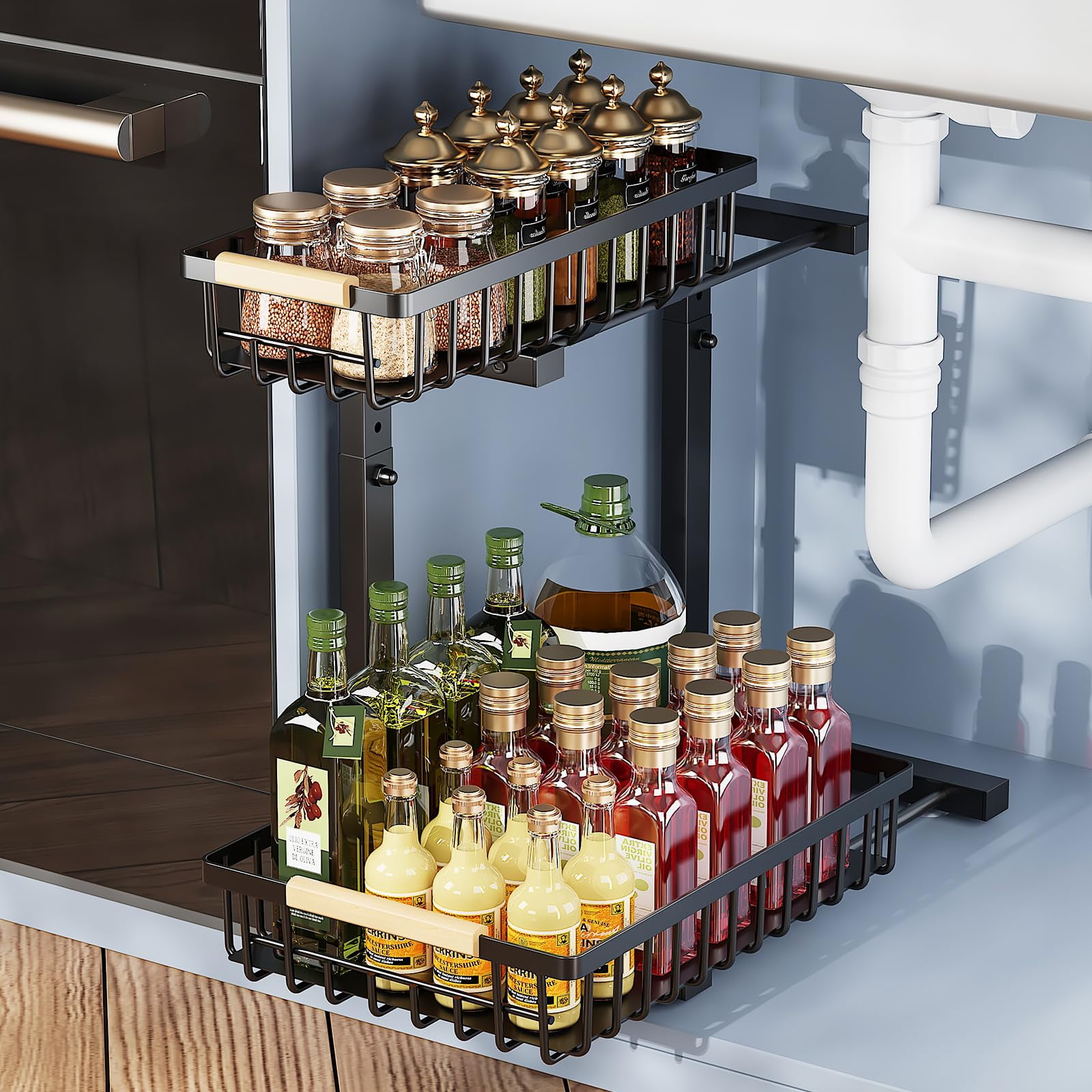 KEKAPE UNDER SINK ORGANIZER AND STORAGE, PULL OUT DRAWER ORGANIZER - BLACK