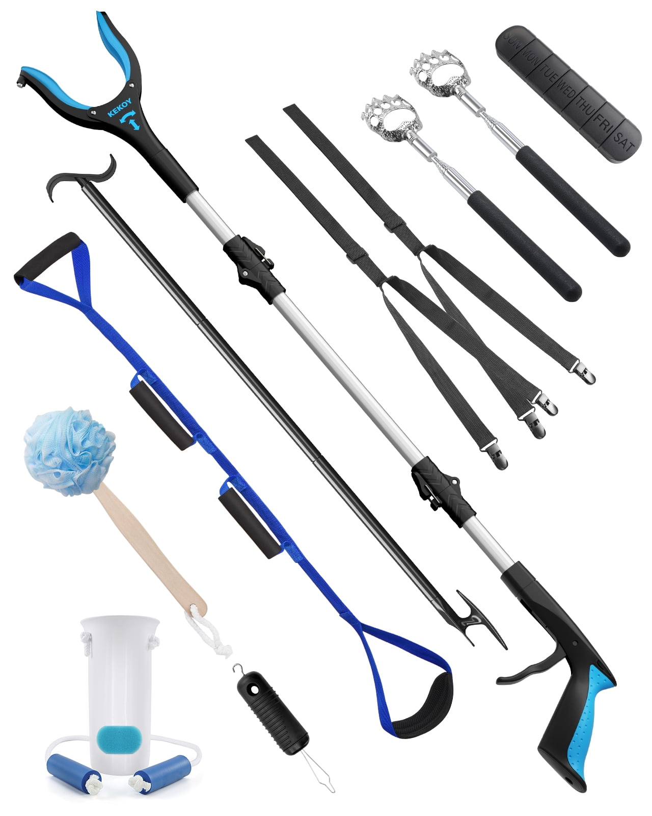 KEKOY 10 in 1 Hip Kit, Hip Replacement Kit After Surgery with 36 inch Reacher Grabber, Sock Aid, Leg Lifter, Shoe Horn, Body Scrubber, Back Scratcher, 2Pcs Pants Helper, Button Hook and Pill Case
