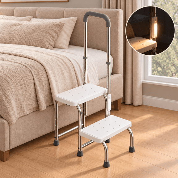Kekoy 2 Step Stool for Adults and Seniors, 330 lb Metal Frame with Handle, Non-Slip Steps, 10 Height Settings, Motion-Activated LED for High Beds