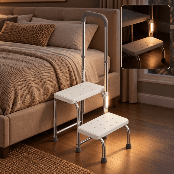 Kekoy 2 Step Stool for Adults and Seniors, 330 lb Metal Frame with Handle, Non-Slip Steps, 10 Height Settings, Motion-Activated LED for High Beds