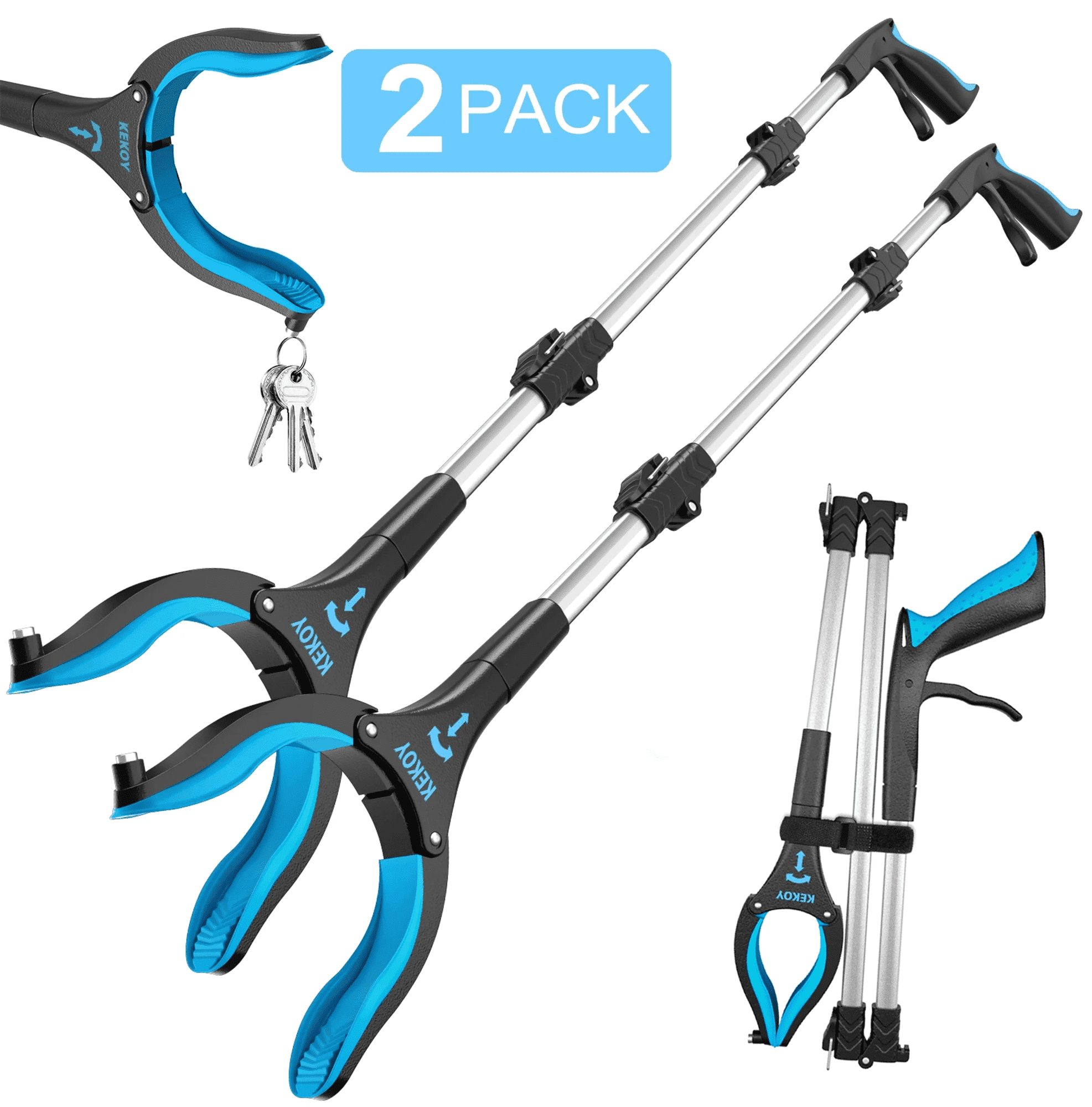 KEKOY 32" Foldable Grabber Reacher Pickup Tool 2 Pack, Hand Reachers and Grabbers for Seniors, FSA/HSA Lightweight Reaching Assist Aid Pick up Tool, Blue