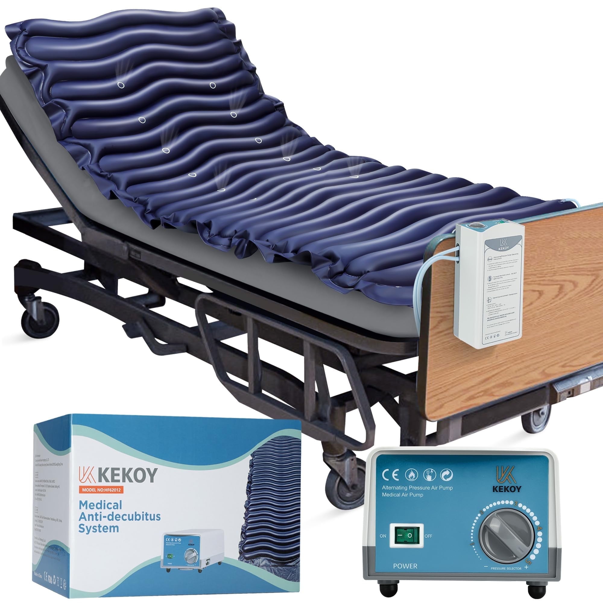 KEKOY Alternating Air Pressure Mattress Pad, Bed Sore Prevention Solution Mattress Topper with 5-setting Adjustable Pump, Waterproof Pressure Relief Ulcer Cushion Pad for Hospital and Home Use, Blue
