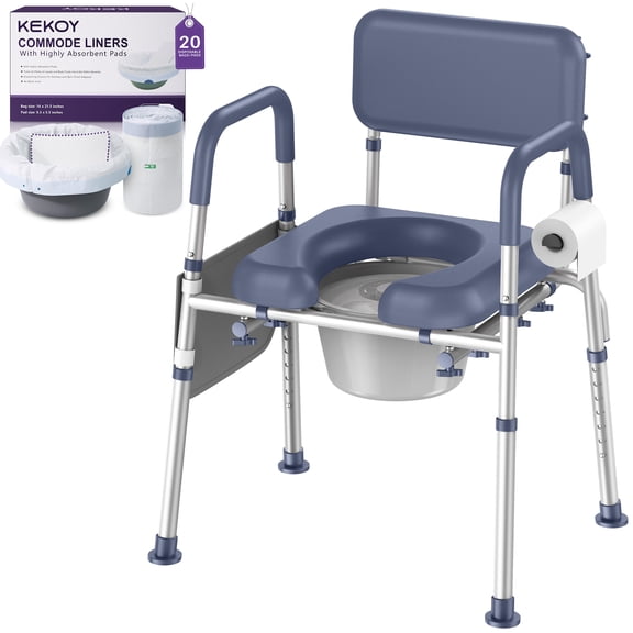 Kekoy Bedside Commode Chair with Padded Seat and Backrest, Commode Toilet with Liners for Adults, Seniors and Disabled, Adjustable Height, Includes Potty Bucket, Splash Guard, 400 lb Capacity
