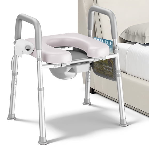 KEKOY Bedside Commode for Seniors, Commode Chair with Arms and Padded Seat , FSA HSA Eligible 400lb Easy Assembly Toilet Chair , Adjutable Raised Toilet Seat with Handles, Pink