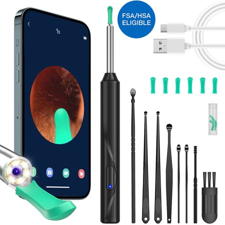 KEKOY Ear Camera and Wax Remover with 8 Pcs Ear Clean Set, Ear Wax Removal Tool, Ear Cleaner with 1296P Camera and 6 Light, Smart Visual Earwax Cleaning Kit for Daily Ear Pick