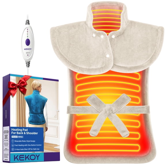 KEKOY Heating Pad for Back, Neck & Shoulders Relief, FSA/HSA Electric Heat Pad with 4 Heat Settings, 2-Hour Auto Shut-Off, Fast Heating, Detachable Belt, 24" x 33", Beige