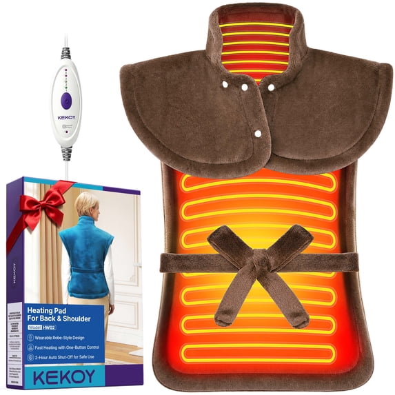 KEKOY Heating Pad for Back, Neck & Shoulders Pain Relief, Wearable Electric Heat Pad with Detachable Belt, 4 Heat Settings, 2-Hour Auto Shut-Off, Fast Heating, 24"x33", Dark Brown