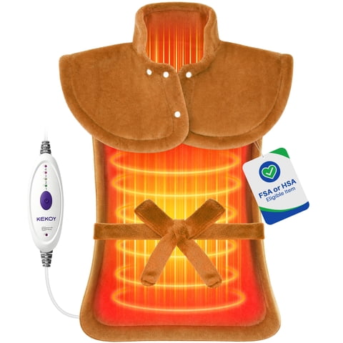 KEKOY Ultra Soft Heating Pad for Back, Neck & Shoulders Relief, Wearable Electric Heat Pad with 4 Heat Settings, 2-Hour Auto Shut-Off, Fast Heating, 24" x 33", Camel
