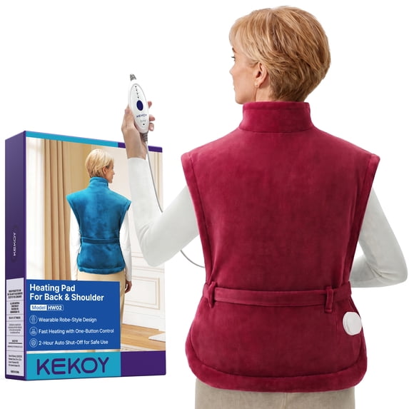 KEKOY Heating Pad for Back, Neck & Shoulders Pain Relief, Wearable Electric Heat Pad with Detachable Belt, 4 Heat Settings, 2-Hour Auto Shut-Off, Fast Heating, 24"x33", Burgundy