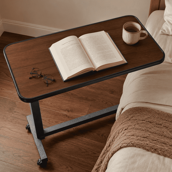 Kekoy Overbed Table with Wheels, One-Touch Height Adjustable Rolling Hospital Bedside Table, Stable Bed Tray for Eating, Reading, Elderly Home Care and Hospital Use