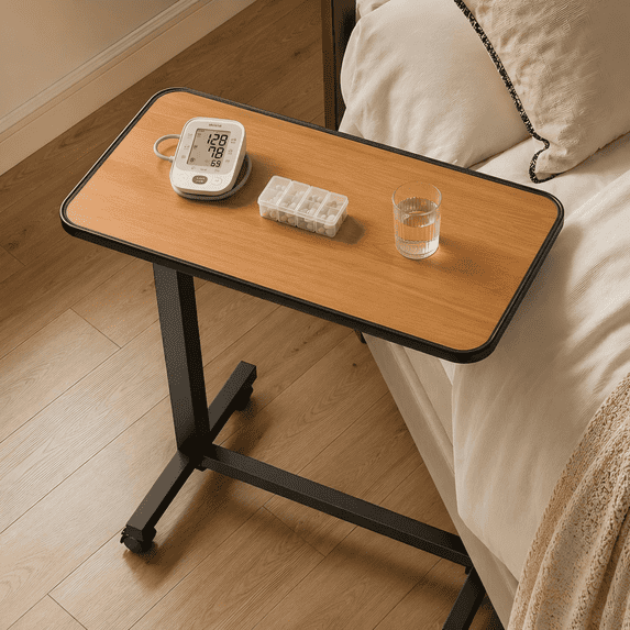 KEKOY Overbed Table with Wheels, One-Touch Height Adjustable Rolling Hospital Bedside Table, Stable Bed Tray for Eating, Reading, Elderly Home Care and Hospital Use