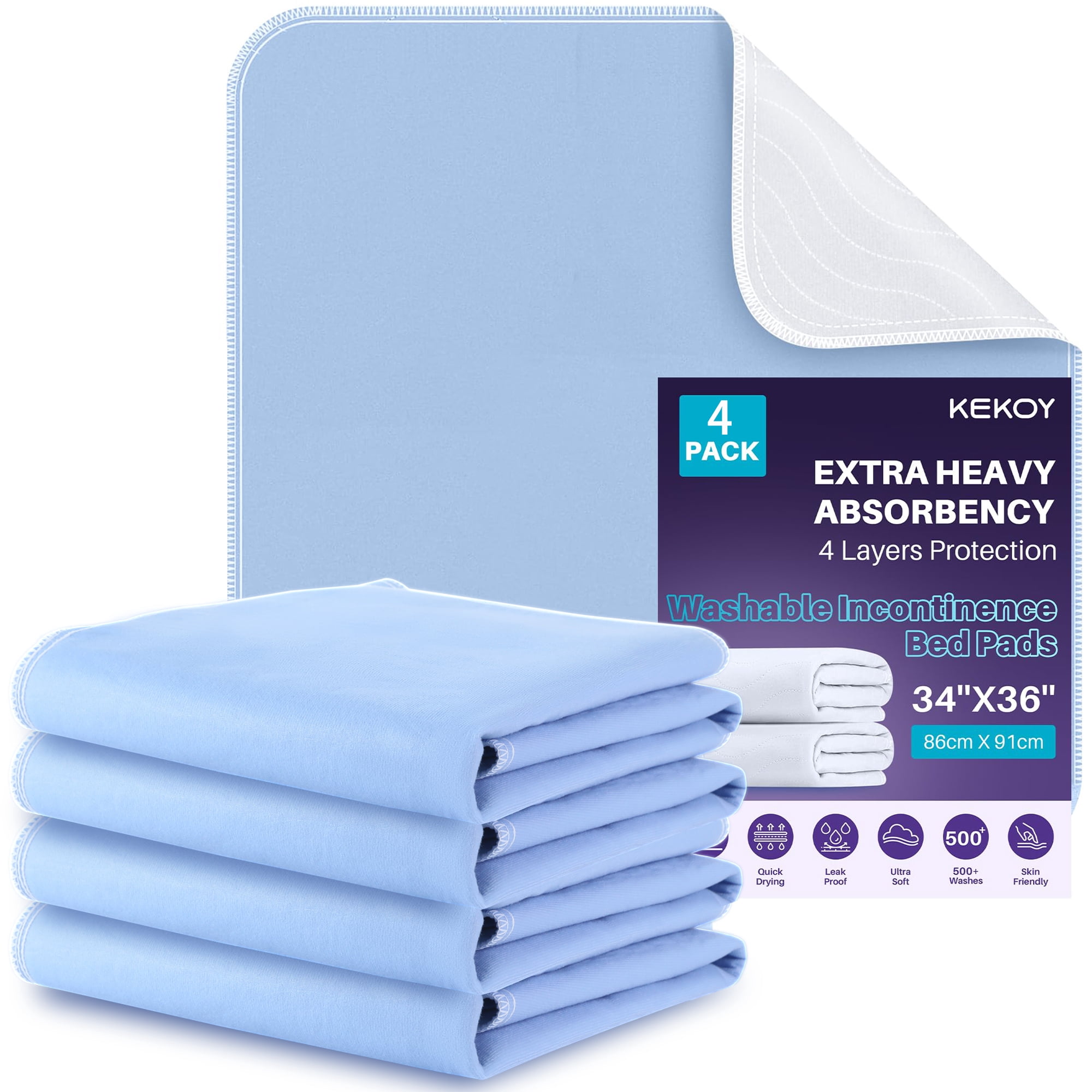 KEKOY Reusable & Washable 34x36 inch Bed Pads for Incontinence, 4 Pack Waterproof Pee Pads for Adults, Seniors