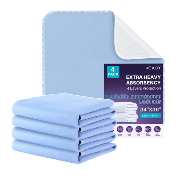 KEKOY Reusable & Washable 34x36 inch Bed Pads 4 Pack for Incontinence,Waterproof Pee Pads for Seniors,and Pets