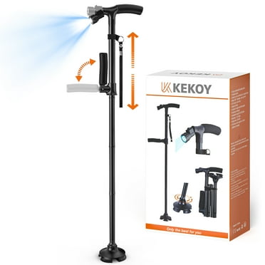 KEKOY Walking Cane, Canes for Men Women with Led Light, Foldable Adjustable Cane for Seniors Stability, 360 Pivoting Base Quad Cane with 2nd Handle and Carrying Bag