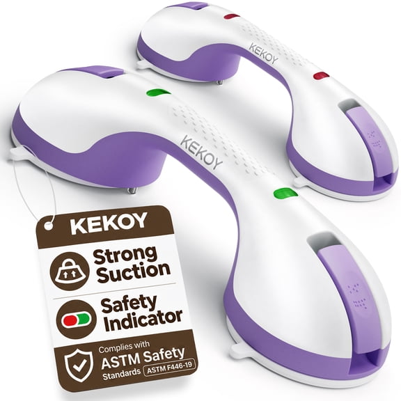 KEKOY 2 Pack Shower Handles for Elderly with Safety Indicators, 12" Grab Bars for Bathroom Stronger Suction Cup, Heavy Duty Shower Bars, Bathroom Safety Bars for Seniors