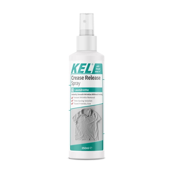 KEL Crease Release Spray 250ml - Instant Wrinkle & Odour Remover - Cotton Fresh Scent Fabric Refresher - Anti-Static, Travel-Ideal Ironing Alternative