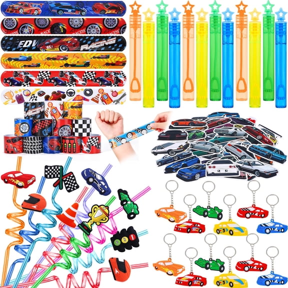 KELENO 98 Pcs Race Car Party Favors Racecar Birthday Supplies Straw Bubble Slap Band Sticker Racing Toy Gift Boy Girl Goodie Bag Stuffer Cars Party Favors for Kids 3-5 4-8 Y114
