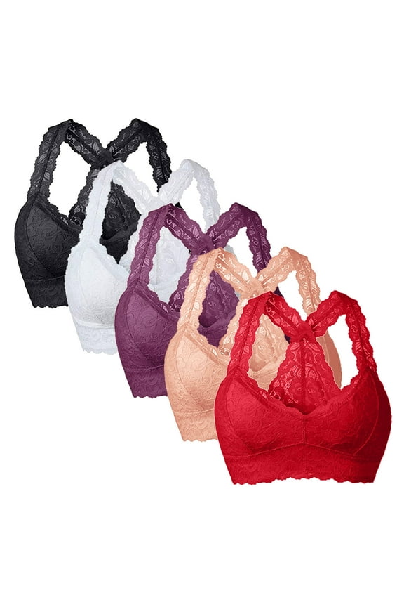 5 Pack Women's Unpadded Lace Bralette Unlined Wireless Bra Sexy Racerback Lace Bra