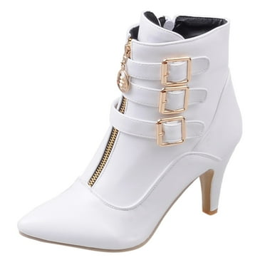 KELINFONG Buckle Strap Ankle Booties for Women Pointed Toe Zipper Heels Dress Jeans Boots