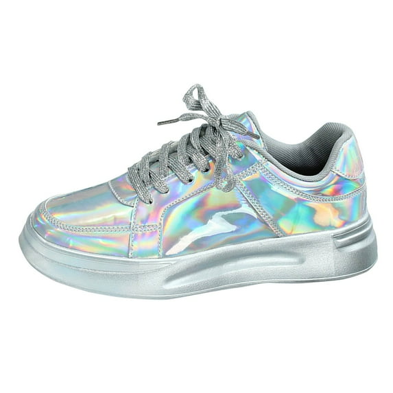 KELINFONG Glitter Sneakers for Women Men Lace up Fashion Sneakers Hologram Sparkly Shoes Couples Walking Sneakers