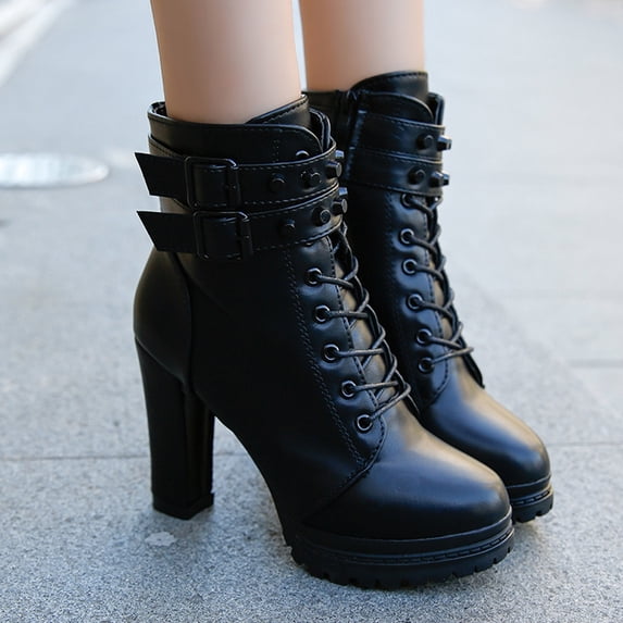 KELINFONG High Heels for Womens Ankle Boots Round Toe Women's Combat Booties Mid-Calf Boots with Ankle Lace up