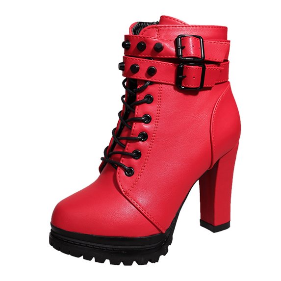 KELINFONG High Heels for Womens Ankle Boots Round Toe Women's Combat Booties Mid-Calf Boots with Ankle Lace up