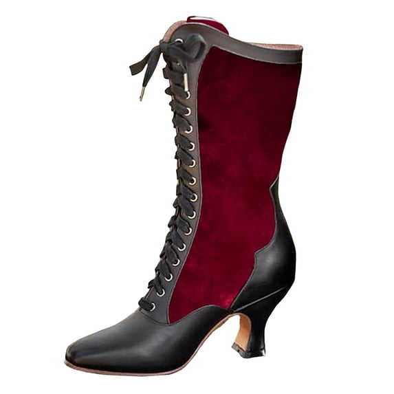 KELINFONG Mid Calf Victorian Boots for Women Lace up Wide Calf Vintage Boots Witch Boots