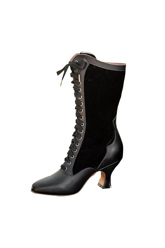 Mid Calf Victorian Boots for Women Lace up Wide Calf Vintage Boots Witch Boots