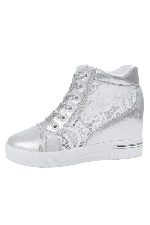 Platform Hidden Heels Sneakers for Women Lace Crochet Lace Up High Heels Walking Shoes