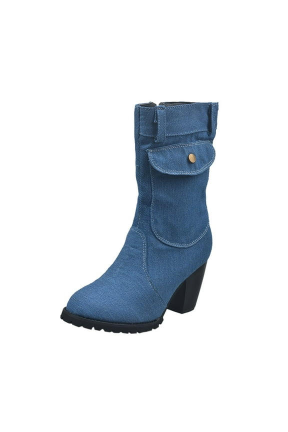 Trendy Denim Boots for Women Block Heel Mid Calf Low Heeled Booties with Side Zipper