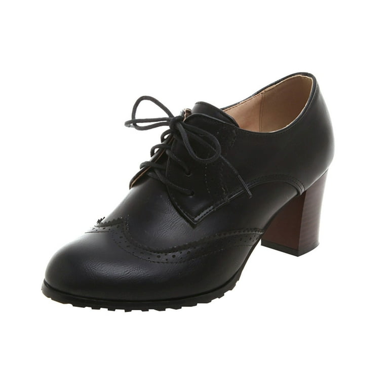 KELINFONG Women s Leather Lace up Wingtip Oxfords Ankle Low Top Vintage Booties Low Heel Short Boots Walmart